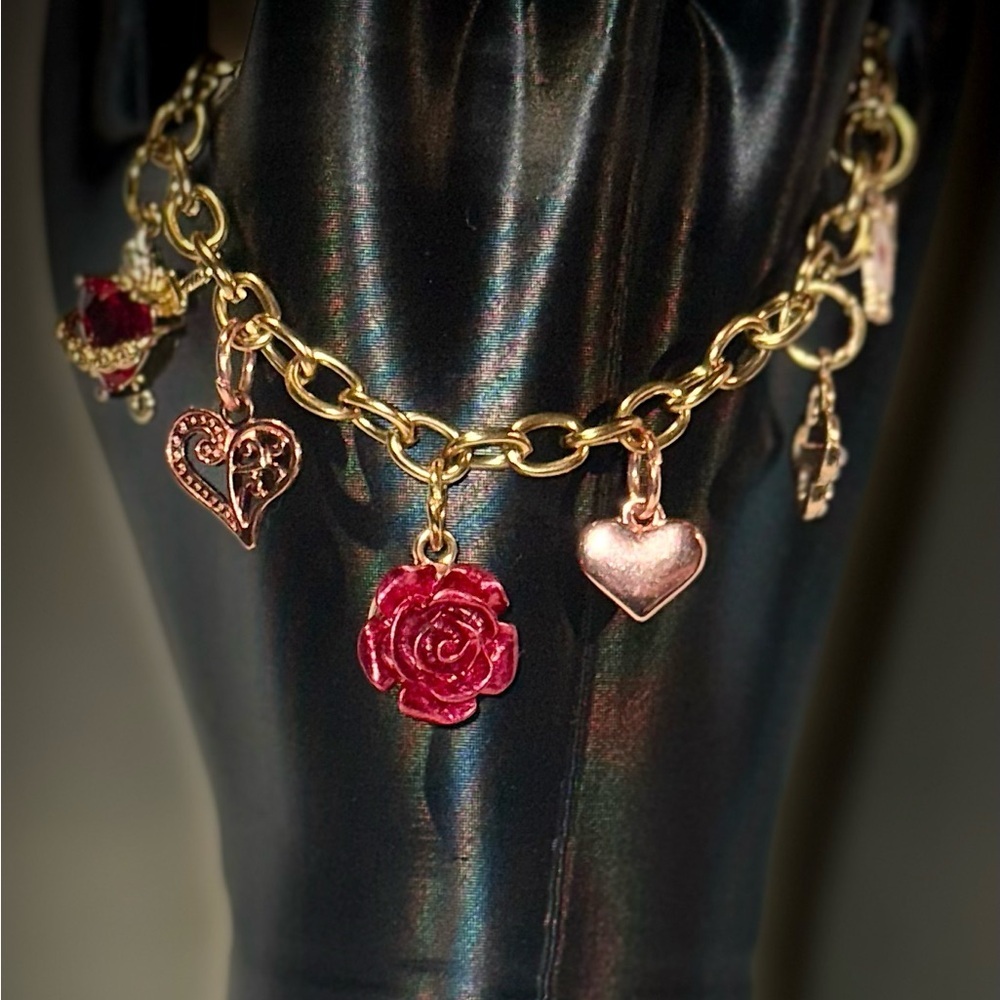 Gold Charm Bracelet with Red Rose and Heart Accents